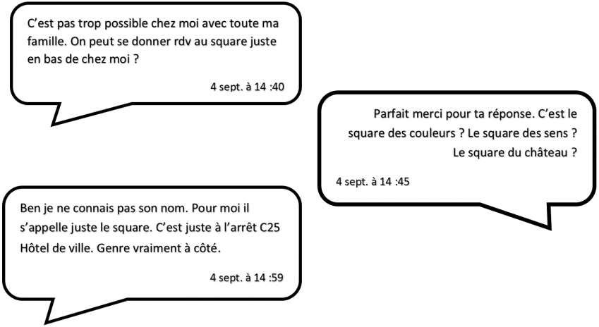 Extraits de messages échangés avec Anissa pour organiser l’entretien. (La 04 septembre 2021, Anissa dit : "C’est pas trop possible chez moi avec toute ma famille. On peut se donner rdv au square juste en bas de chez moi ?". Malou Allagnat lui répond "Parfait merci pour ta réponse. C’est le square des couleurs ? Le square des sens ? Le square du château ?". Et Anissa répond à cela : "Ben je ne connais pas son nom. Pour moi il s’appelle juste le square. C’est juste à l’arrêt C25 Hôtel de ville. Genre vraiment à côté".)